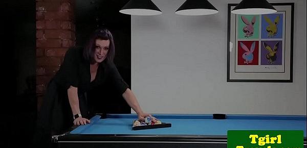  Busty trans trap tugs hard cock on pool table